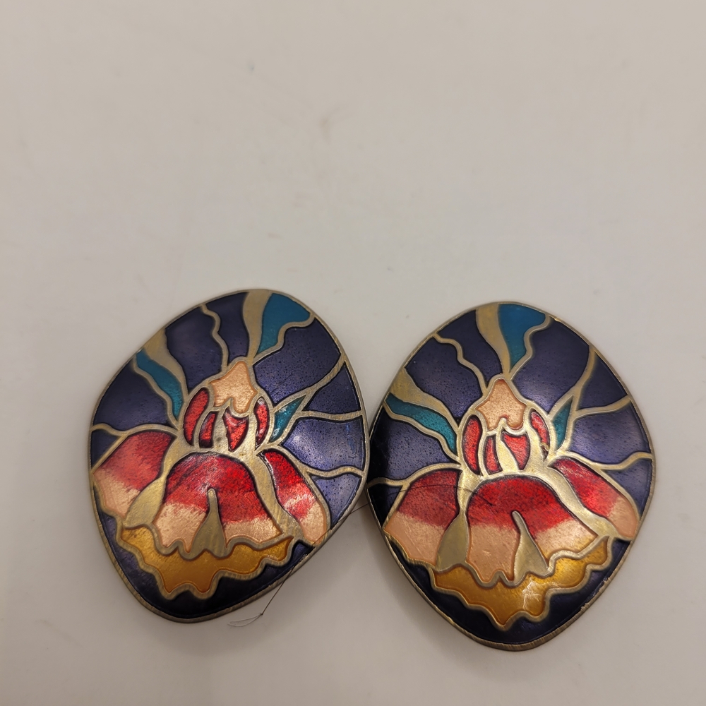 Vintage Cloisonne Floral Clip Earrings